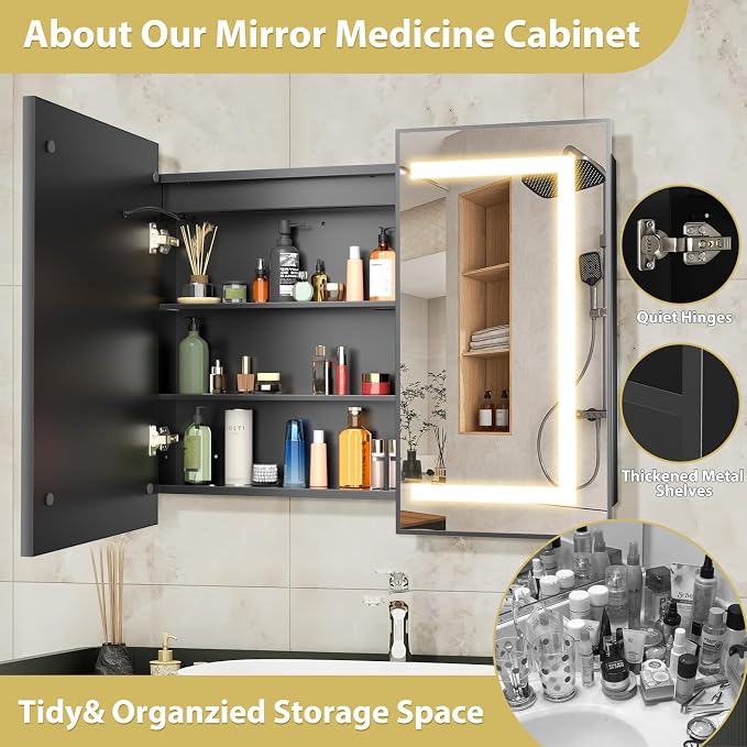 ROOMTEC 36 x 30 Inch Medicine Cabinet Mirror with LED Lights, Black Bathroom Medicine Cabinet with Mirror and Storage, Recessed or Wall Mount, 3 Color Temperature, Dimmable Light