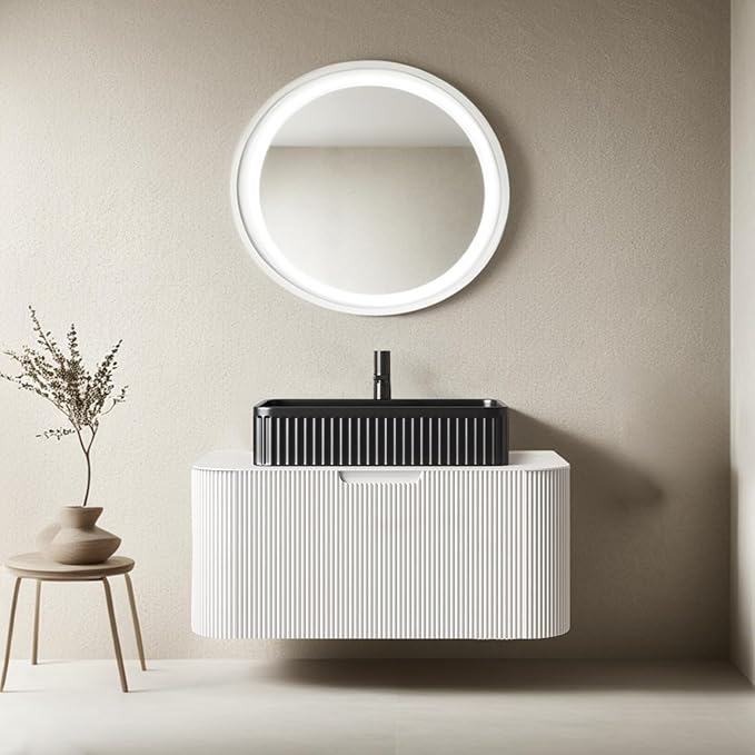 30" Floating Bathroom Vanity with Sink, Modern Bathroom Vanities with Black Rectangular Ceramic Basin and Marble Top, Solid Wood Soft-Close Drawer, Pre-Assembled, Glossy White