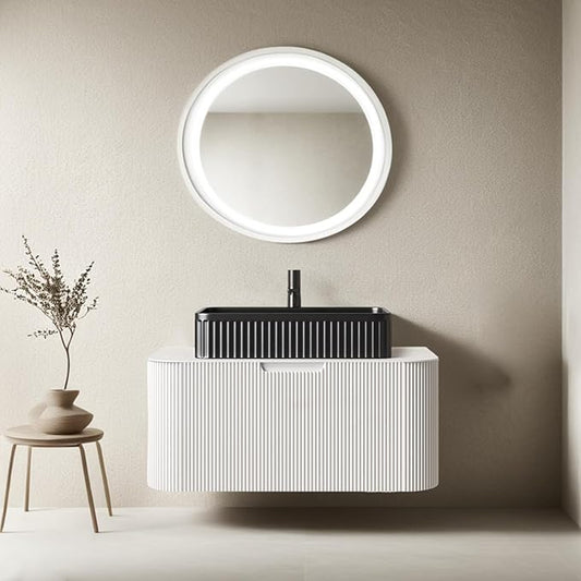 30" Floating Bathroom Vanity with Sink, Modern Bathroom Vanities with Black Rectangular Ceramic Basin and Marble Top, Solid Wood Soft-Close Drawer, Pre-Assembled, Glossy White