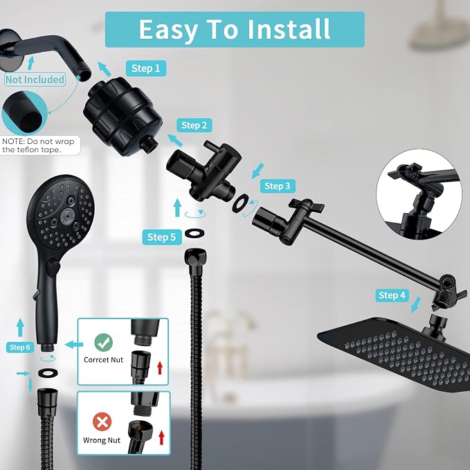 8'' Dual 20 Stage Filtered Shower Head with Handheld, 6 Spray Settings Handheld Shower Head High Pressure Rainfall Filter Combo with 12'' Adjustable Extension Arm, 71'' Shower Hose (Matte Black)