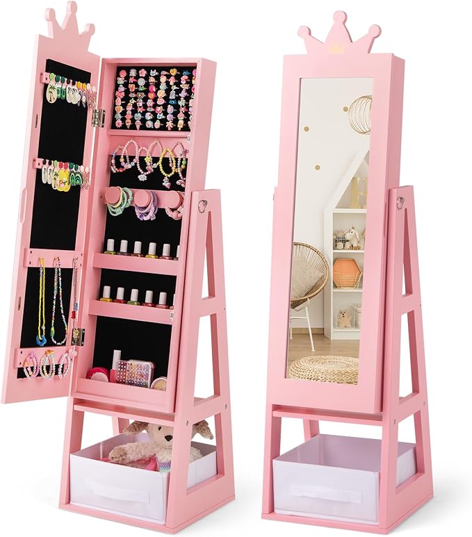 CHARMAID Kids Standing Jewelry Armoire - 45.5'' Pink Jewelry Cabinet with Full Length Mirror, Storage Drawer, Back Shelf and Kids Jewelry Organizer Box Vanity Dressing Mirror for Girls