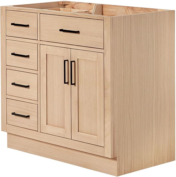 ARIEL Hepburn 36-inch Bathroom Vanity Base Cabinet,Solid Wood, 2 Soft Closing Doors, 5 Dovetail Drawers, White Oak