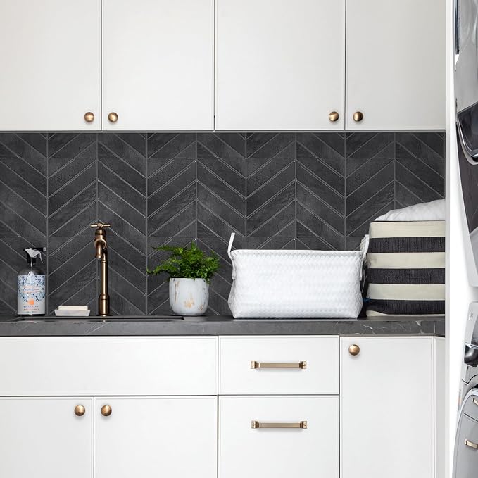 STICKGOO Herringbone Peel and Stick Backsplash, Black/Grey Grout, 10 Sheets | 12.6 x 9.7 in, Thicker Rectangular Vinyl Stick-On Wall Tiles, Easy Alignment, Waterproof, Easy to Clean, Kitchen/Bathroom