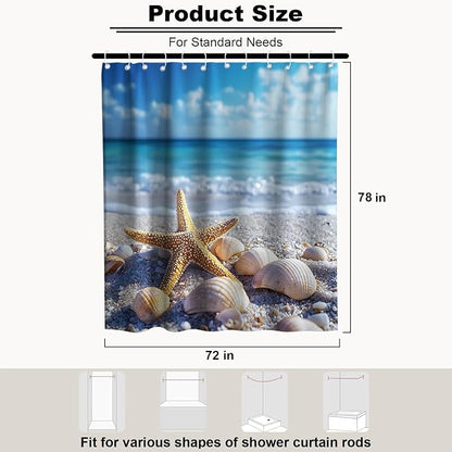 Modern Beach Ocean Shower Curtain Summer Tropical Aesthetic Seashell Nature | Scenic Shower Curtains for Bathroom, Waterproof Bath Curtain with Hooks Machine Washable Bathtub Curtains 72x78 Inch Blue