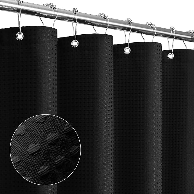 Small Stall Black Fabric Shower Curtain, 36 x 72 | Narrow Half Cloth-Textured Shower Curtain for Bathroom, Water Repellent, Machine Washable