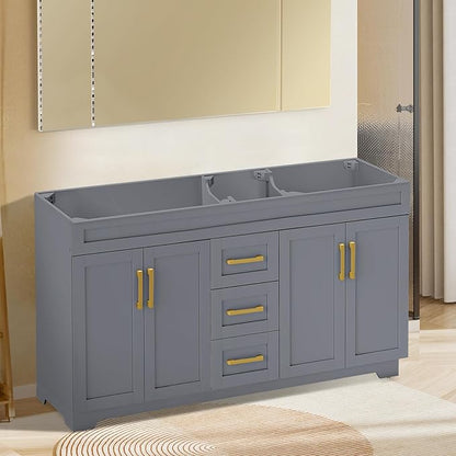 60 Inch Bathroom Vanity Without Sink, Modern Solid Wood Bathroom Storage Vanity with 4 Soft Closing Doors & 3 Full Extension Drawers,Quick Assemble Cabinet in Grey