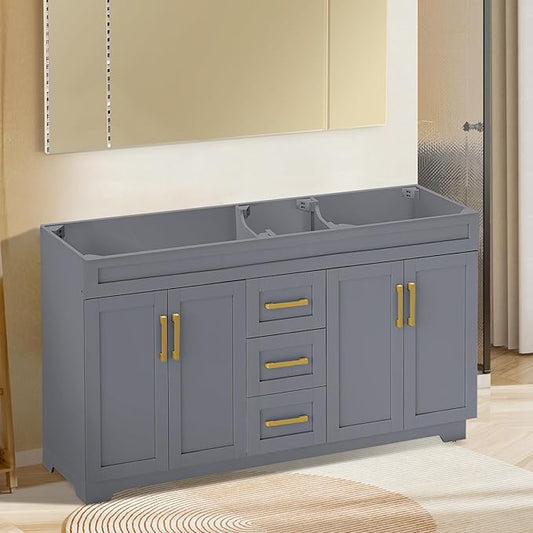 60 Inch Bathroom Vanity Without Sink, Modern Solid Wood Bathroom Storage Vanity with 4 Soft Closing Doors & 3 Full Extension Drawers,Quick Assemble Cabinet in Grey