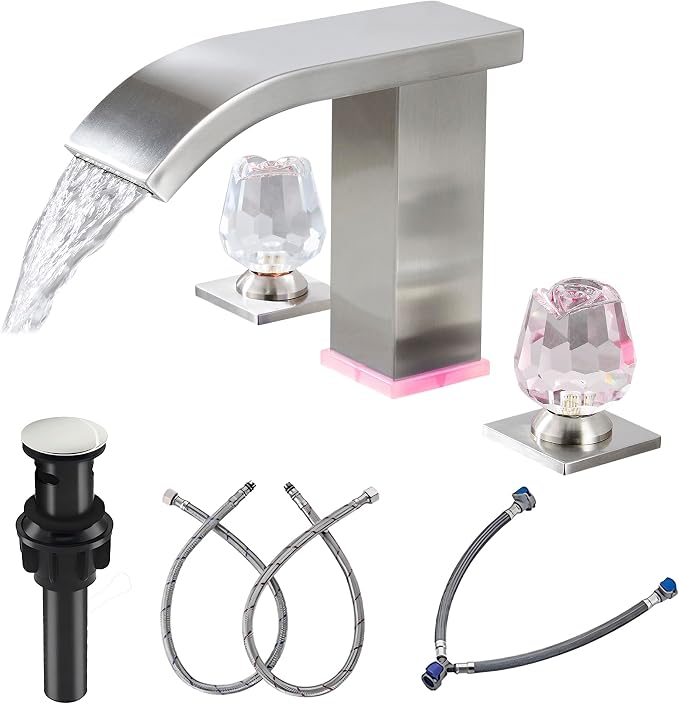 Bathroom Faucet 3 Hole Widespread with LED Temperature Display & Waterfall Spout, Brushed Nickel Modern Vanity Faucet for Bathroom Sink, 8 Inch Touch On 2 Handle Crystal