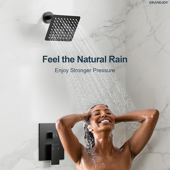 Wall Mount Shower System with Handheld Shower, Matte Black | 6-inch rain head, pressure-balanced brass valve, 2-function control and included 59-inch hose