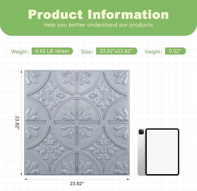 Art3d Drop Ceiling Tiles 2x2, Glue-up Ceiling Panel, Fancy Classic Style in Gray