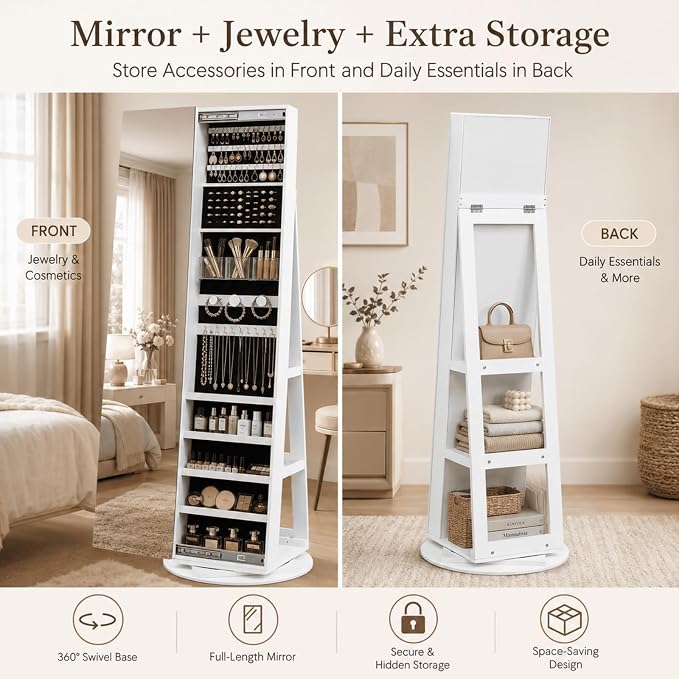Bonnlo 360° Swivel Jewelry Cabinet with Sliding Door, Standing Jewelry Organizer Box with Full-Length Mirror, Rotating Jewelry Armoire with Large Storage Capacity, Rear Shelves for Bedroom