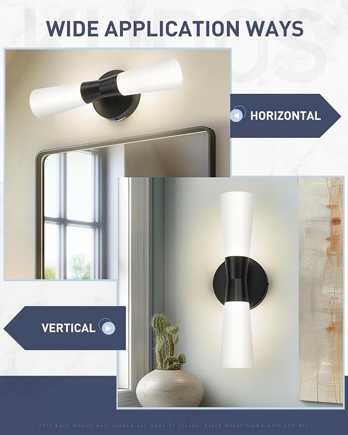 kudos 16 Inch Black Vanity Lights, Milk White Glass, 3CCT, KDVL13-BK | LED, 14W, 1100 Lumens, 3000K, 4000K and 5000K Selectable, Hardwired,for Bathrooms and Bedrooms