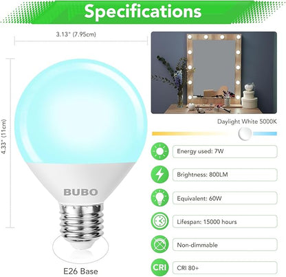 BUBO Globe Light Bulbs 60 Watt Equivalent, Vanity Light Bulbs Daylight White 5000K, Bathroom Light Bulbs Round Light Bulbs, G25 LED Light Bulbs 800 Lumens, E26 Medium Base, 7W, Non-Dimmable, 8 Pack