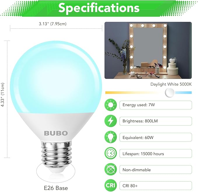 BUBO Vanity Light Bulbs 60 Watt Equivalent, Bathroom Light Bulb Daylight White 5000K, Round Globe Bulbs, G25 LED Bulbs 800 Lumens, E26 Medium Base, 7W, Non-Dimmable, 12 Pack