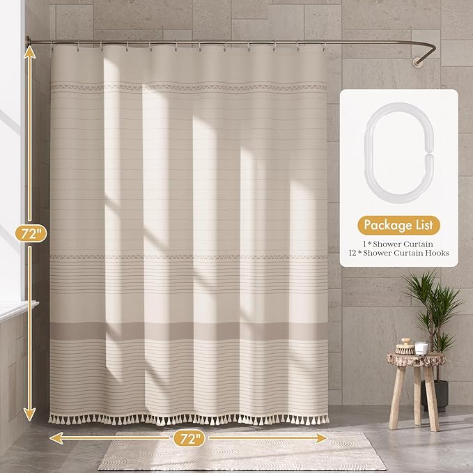 AmazerBath Boho Shower Curtain, Modern Farmhouse Shower Curtain Set with Tassels, Rustic Faux Linen Pink Striped Shower Curtain with Hooks, Light Tan Toned, 72x72 Inches