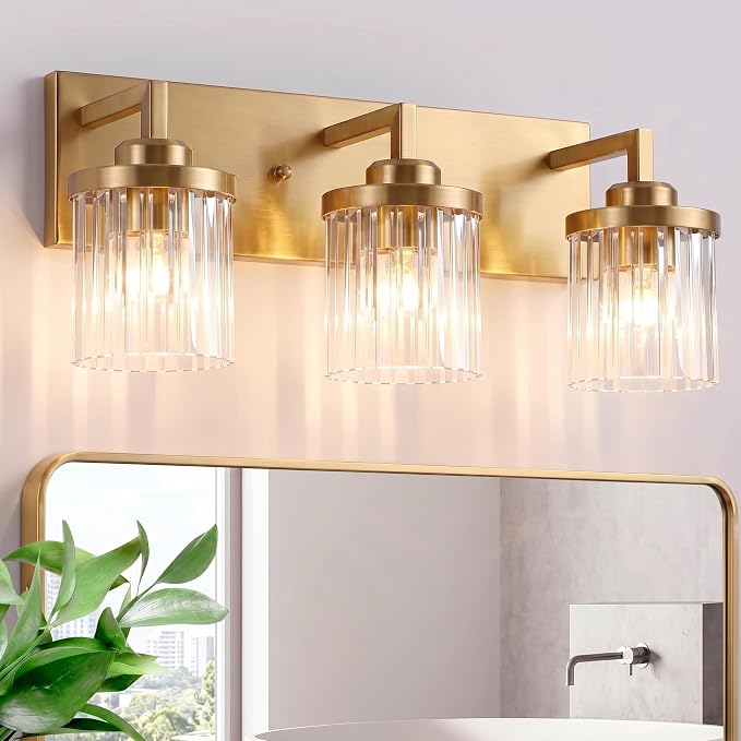 Modern 3-Light Gold Vanity Lights, Crystal Glass Bathroom Fixtures | Brushed Gold Finish, Rust-resistant Metal, Industrial Design, E26 Compatible, Over Mirror Wall Light for Bathroom Restroom