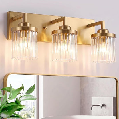 Modern 3-Light Gold Vanity Lights, Crystal Glass Bathroom Fixtures | Brushed Gold Finish, Rust-resistant Metal, Industrial Design, E26 Compatible, Over Mirror Wall Light for Bathroom Restroom