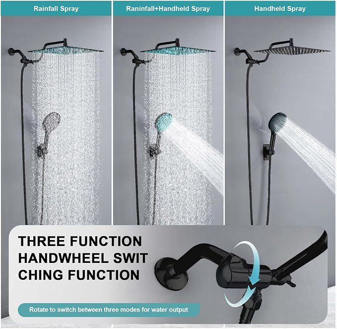 Rainfall Shower Head,12 Inch Rain High Pressure Shower Head with Spray Combo,14 Inch Adjustable Extension Arm and 3 Spray Filtered Shower Head with Filters,79 Inch Long Shower Hose,Matte Black