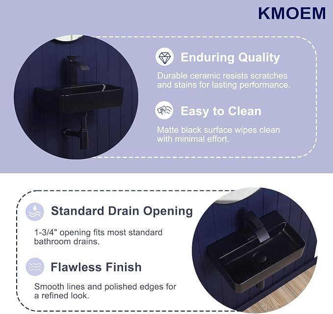 Wall Mount Bathroom Vessel Sink Matte Black 17.7"x11" Rectangular Floating Porcelain Ceramic Black Wall Hung Vanity Basin Sink for Home,RV,Bathroom