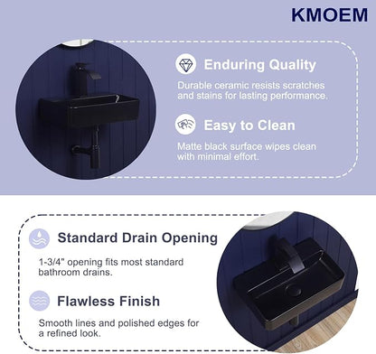 Wall Mount Bathroom Vessel Sink Matte Black 17.7"x11" Rectangular Floating Porcelain Ceramic Black Wall Hung Vanity Basin Sink for Home,RV,Bathroom