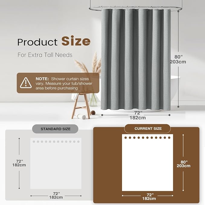 BTTN 72x80 Tall 3 in 1 Linen Texture Shower Curtain with Liner, Grey/Gray | Long Size, 230GSM Heavy Duty Polyester, Waterproof Clear Liner, Weighted Hem, 12 Plastic Hooks, Hotel Style, Machine Washable