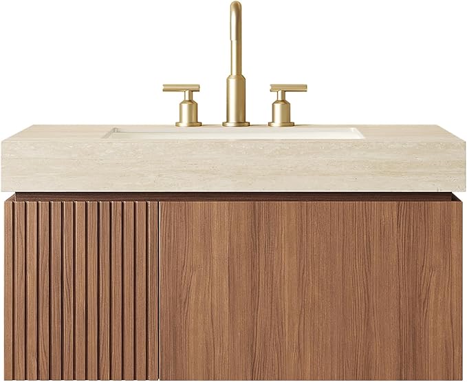 KEIKI 36 Inch Floating Bathroom Vanity with Sink, Modern Wall Mounted Storage Cabinet with Drawer, Pre-assembled Waterproof Wood Panels, Sintered Stone Top & Ceramic Basin Combo Set, Brown Oak & Beige