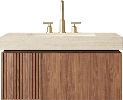 KEIKI 36 Inch Floating Bathroom Vanity with Sink, Modern Wall Mounted Storage Cabinet with Drawer, Pre-assembled Waterproof Wood Panels, Sintered Stone Top & Ceramic Basin Combo Set, Brown Oak & Beige