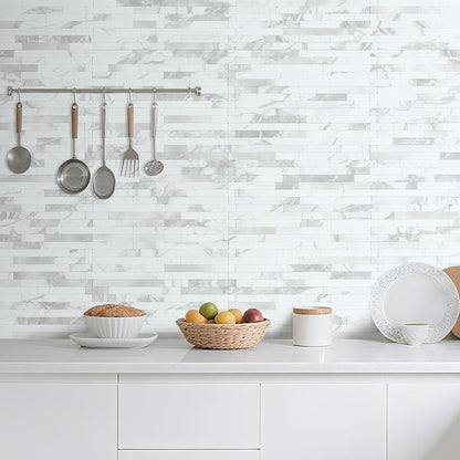 AULIGET 20 Sheets White Stone Peel and Stick Backsplash, PVC Mixed Metal Silver Wall Tile Stick on Backsplash for Kitchen and Bathroom