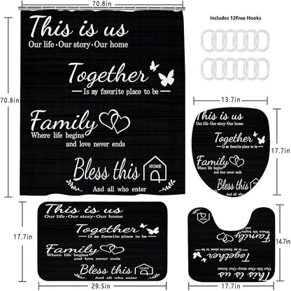 AZHM Family Shower Curtain Set Black Home Bathroom Set with Shower Curtain and Rugs and Accessories Bathroom Decor Curtain with 12 Hooks