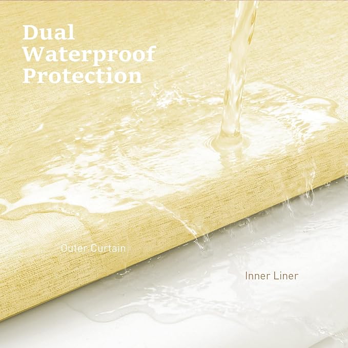 Yellow Ringless Linen Textured Shower Curtain with Snap in Liner 72x75 | 3 in 1 Modern Shower Curtain Set, Removable Liner, Waterproof & Washable, Mesh Top Window, Durable Fabric, Easy to Install
