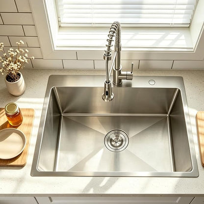 33x22 Inch Drop In Kitchen Sink, Topmount Stainless Steel Brushed Nickel Single Bowl Kitchen Sink, Extra-thick 16 Gauge For RV Laundry Utility with Dish Grid and Basket Strainer YSD013
