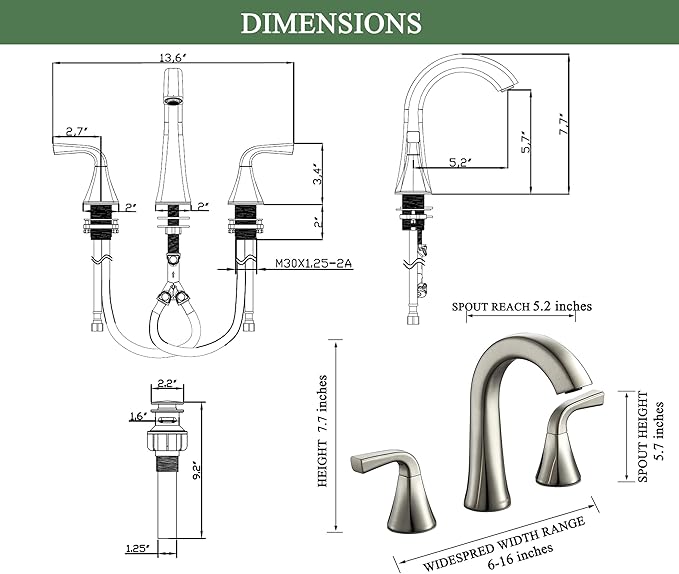 Bathroom Faucet with Pop-up Drain and Supply Lines, Brushed Nickel Widespread Bathroom Sink Faucet for Lavatory Vanity RV Farmhouse, TAF826-BN