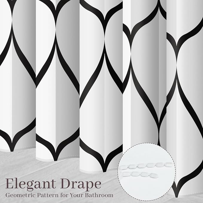 Gelbchu Geometric Shower Curtain for Bathroom, White Black, 72x72 Inch | with Hooks, Premium Polyester, Quick Dry, Water Repellent, Machine Washable, Rustproof Grommets, Modern Minimalist