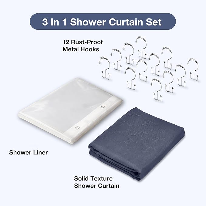 3 in 1 Shower Curtain Set, Navy Blue Shower Curtain and Liner Set with 12 Double Sided Shower Curtain Hooks,72x78 Cloth Shower Curtains for Bathroom,Waterproof
