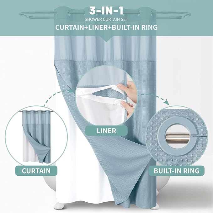 eachope No Hook Waffle Shower Curtain with Snap-in Liner, 54x80 Inch, Teal | 230GSM waffle weave fabric, waterproof liner set with 2 bottom magnets, mesh window, washable, for shower stalls or bathrooms