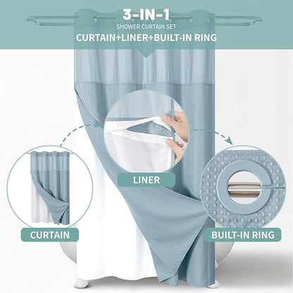 eachope No Hook Waffle Shower Curtain with Snap-in Liner, 54x80 Inch, Teal | 230GSM waffle weave fabric, waterproof liner set with 2 bottom magnets, mesh window, washable, for shower stalls or bathrooms