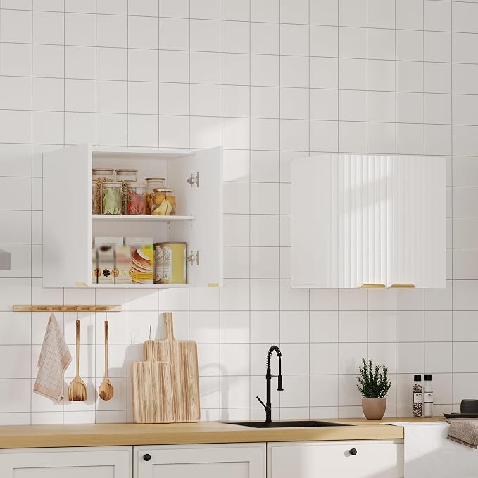 ChooChoo Bathroom Wall Cabinet, Laundry Room Cabinet with 2 Fluted Doors | Kitchen Storage Cupboard Cabinet with Adjustable Shelf, Fluted Wall-Mounted Medicine Cabinet for Kitchen, Garage, White
