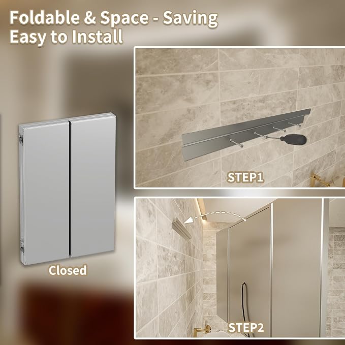 48"x36" Trifold LED Bathroom Mirror with Lights & Removable Magnifier, 180° Foldable, Front & Back Lit, Stepless Dimming, Adjustable Color Temperatures, Anti-Fog, Wall Mounted