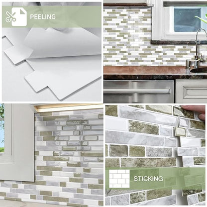 10 Sheets Thick Peel and Stick Kitchen Backsplash Tiles | 3D Waterproof Self Adhesive Wall Tile Stick on Backsplash for Kitchen,Bathroom and Fireplace(Beige&White,12"×12")