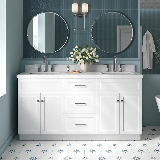 ARIEL Hamlet 66-inch Bathroom Vanity with Sink,Solid Wood, 1.5-inch Pure White Quartz Countertop & Backsplash, Double Rectangular Porcelain Sink, 4 Soft Closing Doors, 3 Dovetail Drawers, White