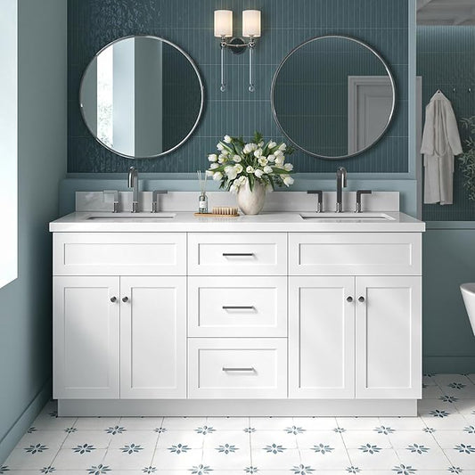 ARIEL Hamlet 66-inch Bathroom Vanity with Sink,Solid Wood, 1.5-inch Pure White Quartz Countertop & Backsplash, Double Rectangular Porcelain Sink, 4 Soft Closing Doors, 3 Dovetail Drawers, White
