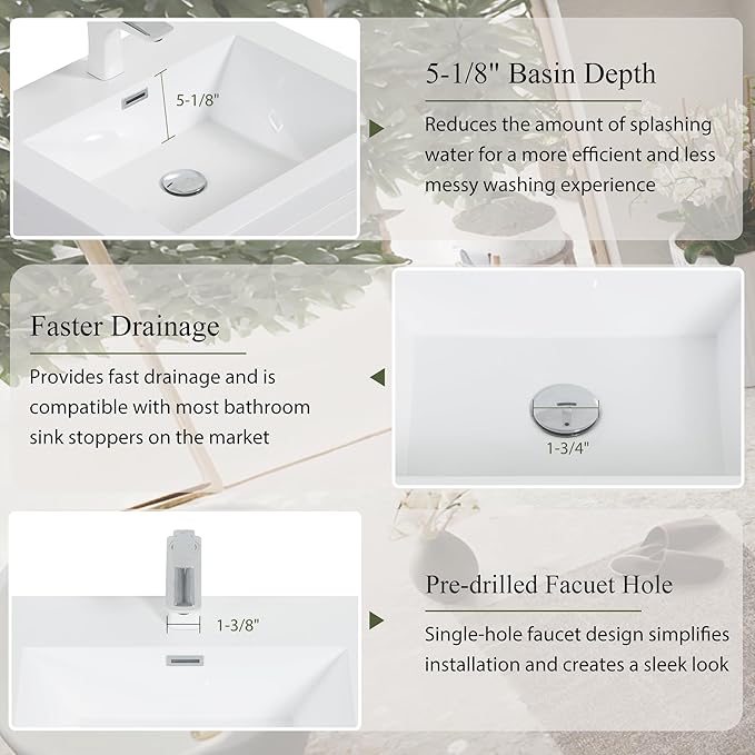 Modern 36" Wall-Mounted Bathroom Vanity with Sink | Floating Storage Cabinet, Stone Resin Countertop, Soft Close Drawers | Glossy White