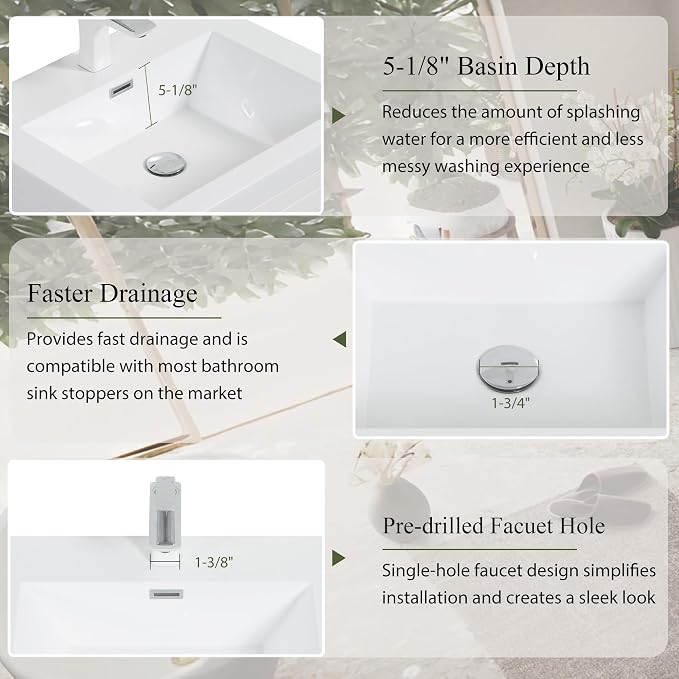 Modern 30" Wall-Mounted Bathroom Vanity with Sink | Floating Storage Cabinet, Stone Resin Countertop, Soft Close Drawers | Glossy White