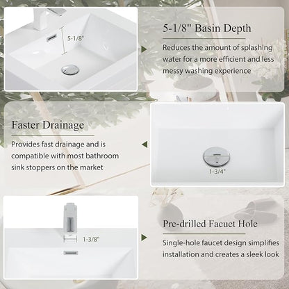 Modern 30" Wall-Mounted Bathroom Vanity with Sink | Floating Storage Cabinet, Stone Resin Countertop, Soft Close Drawers | Glossy White
