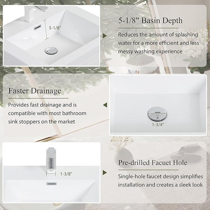 Modern 30" Wall-Mounted Bathroom Vanity with Sink | Floating Storage Cabinet, Stone Resin Countertop, Soft Close Drawers | Ash Grey