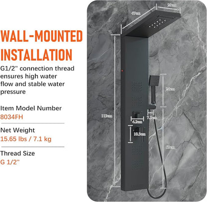 FUZ Shower Panel Tower System, Stainless Steel 5 IN 1 Shower Panel System with LED Fancy Rain Shower Head and Handheld, Adujstable Rainfall Massage Body Jets and Tub Spout, Matte Black Shower Tower