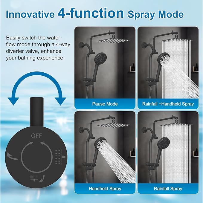 Metal 10" Rain Showerhead with 10-Spray Filter Handheld, 4-way Diverter | Matte Black Finish, Upgraded High Pressure Shower Head with Pause Mode, 71" Stainless Steel Hose/12" Extension Arm