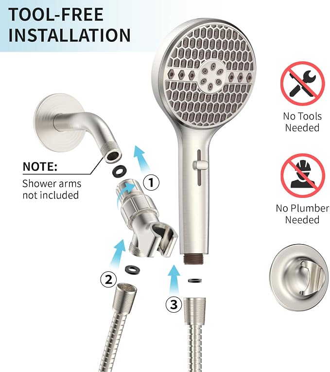 Brushed Nickel Handheld Shower Head, 9 Spray Modes High Pressure Showerhead | 71 Inch Kink-free Hose, Power Wash for Low Pressure Homes, Pet Tub Tile Cleaning