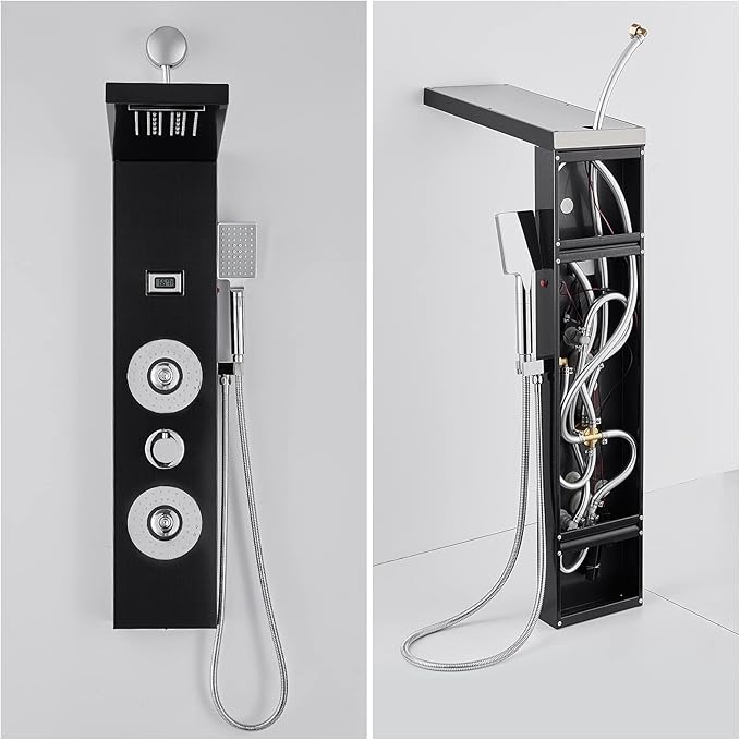 ROVOGO Retrofit Shower Panel with LED Rain Shower, 2 Body Jets and Handheld, Easy Connect Stainless Shower Tower Column with Temperature Display, Black (NOT INCLUDE ROUGH-IN VALVE)