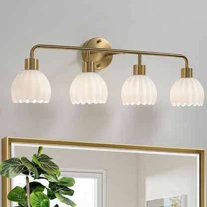 Brushed Gold 4-Light Vanlity Light Over Mirror,Wall Sconces,Gold Brass Bathroom Light Fixture with White Glass Flower Shade,E26(Bulbs Not Included)